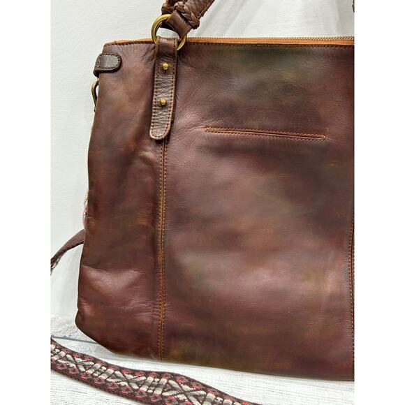 The Sak Brown Leather Boho Braided Strap Zip Pocket Tote Shoulder Crossbody Bag - Picture 9 of 16